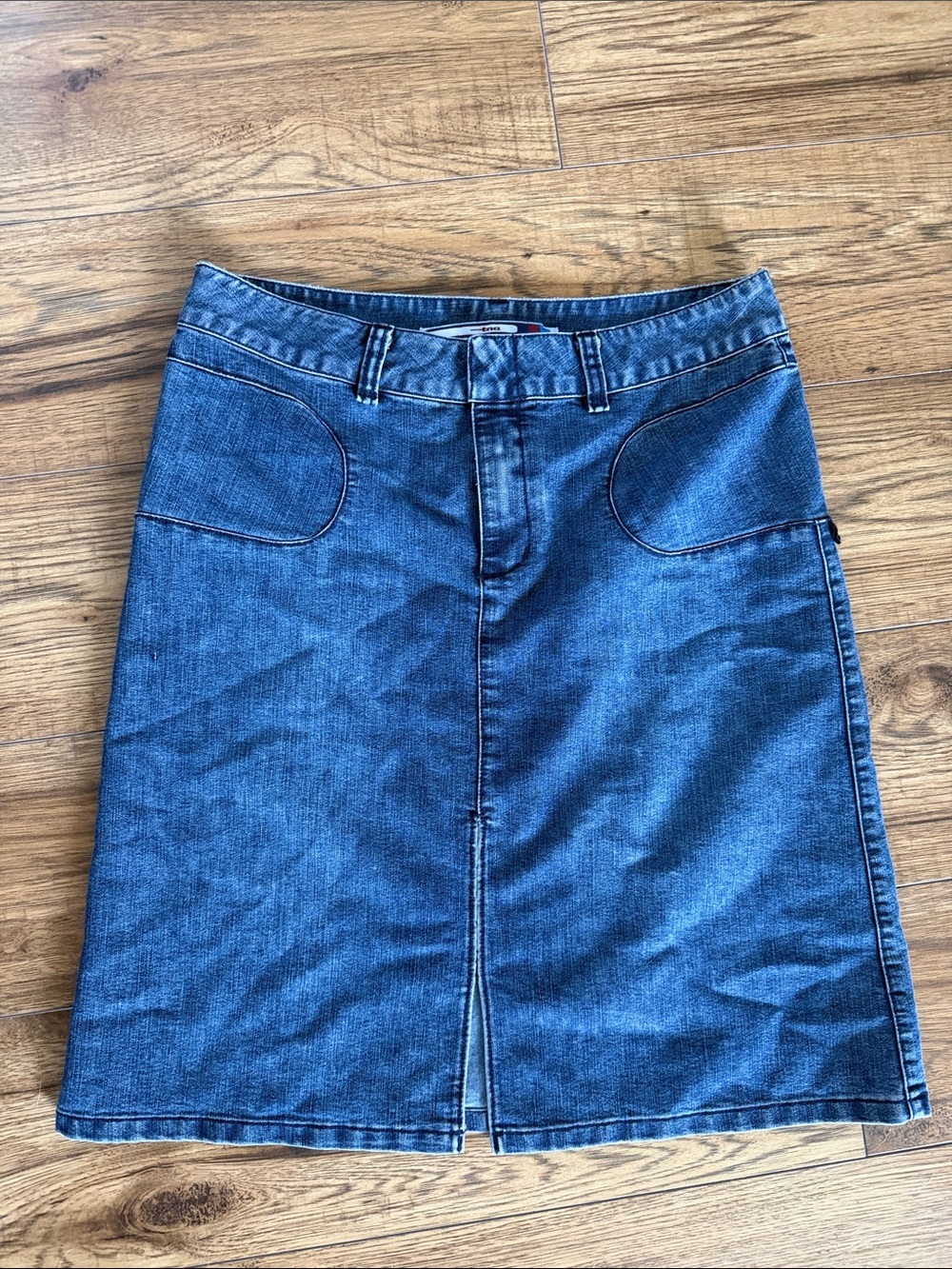 Vintage Y2K TNA Blue Denim Medium Wash Midi Skirt with Front Slit